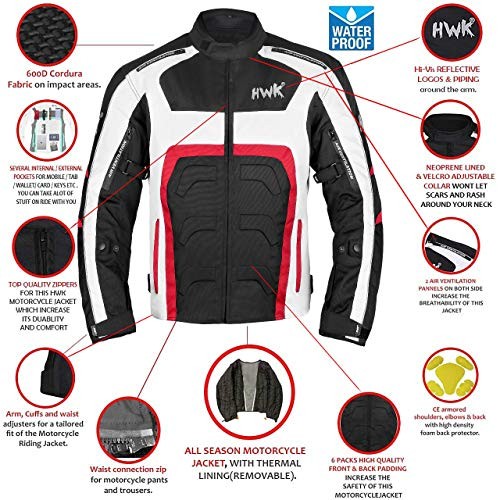 HWK Textile Motorcycle Jacket Motorbike Jacket Biker Riding Jacket Cordura Waterproof CE Armoured Breathable Reissa Membrane Removable Thermal lining 1 YEAR WARRANTY X Large Red Sports