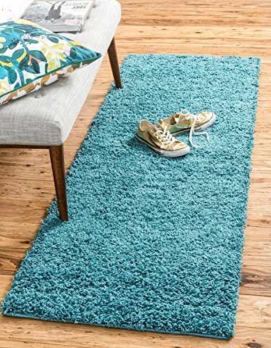 Unique Loom Solo Solid Shag Collection Modern Plush Deep Aqua Blue Runner Rug (2' 6 x 16' 5)