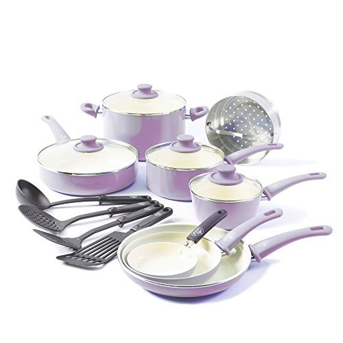 GreenLife CC001792-001 Soft Grip 16 Piece Ceramic Non-Stick Cookware Set, Lavender