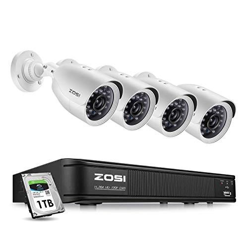 ZOSI 720P Security Camera System Outdoor Indoor, CCTV DVR 8 Channel (1TB HDD Built-in) with 4 x 720p Bullet Camera Day Night Vision,Customizable Record Modes and Motion Detection (8ZM-211BX418W-00-US)