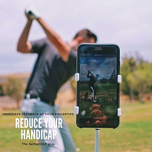 SelfieGolf Record Golf Swing - Cell Phone Clip Holder and Training Aid - Golf Accessories | Winner of The PGA Best Product | Works with Any Smart Phone, Quick Set Up (Blue/White)