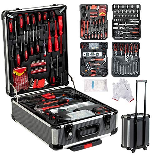 SUNCOO 718 Pieces Mechanics Tool Set Standard Metric Hand Tool Kit with Case Aluminium Tool Box Organizer Casters Trolley with Telescoping Handle Black Case