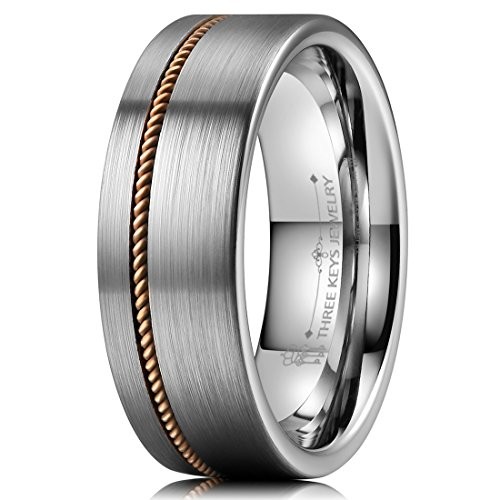 THREE KEYS JEWELRY 8mm Guitar String Inlay Tungsten Wedding Ring Brushed Flat Mens Wedding Band Engagement Ring Music Jewelry Size 8.5