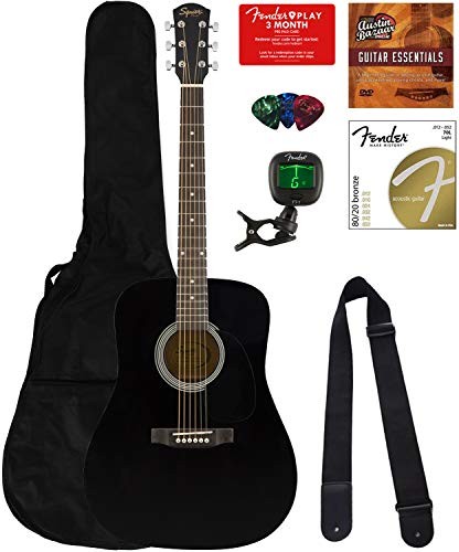 Fender Squier Dreadnought Acoustic Guitar - Black Bundle with Fender Play Online Lessons, Gig Bag, Tuner, Strings, Strap, Picks, and Austin Bazaar Instructional DVD