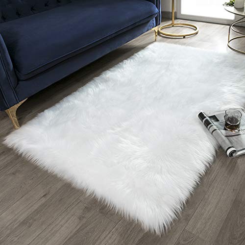 Ashler Soft Faux Rectangle Fur Chair Couch Cover White Area Rug for Bedroom Floor Sofa Living Room Rectangle 3 x 5 Feet