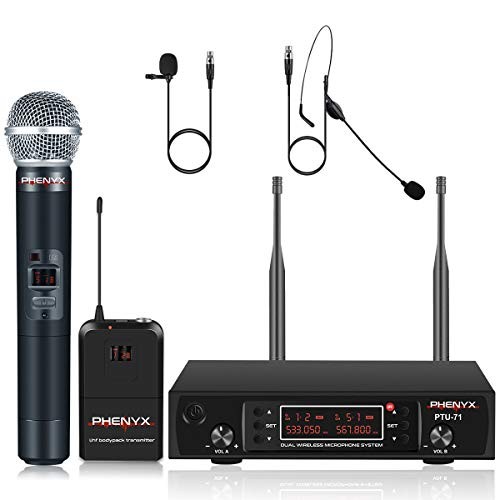 UHF Wireless Microphone System, Phenyx Pro Dual Cordless Mic Set with Handheld/Bodypack/Headset/Lapel Mics, 2x200 Channels, Long Distance Operation, Ideal for DJ, Church, Events (PTU-71B)