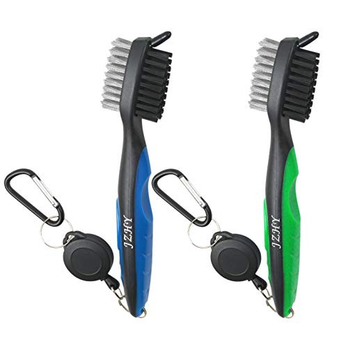JZHY 2 Pack Golf Club Brush Lightweight 2Ft Retractable Golf Brush and Club Groove Cleaner with Zip-line Aluminum Carabiner(Blue&Green)