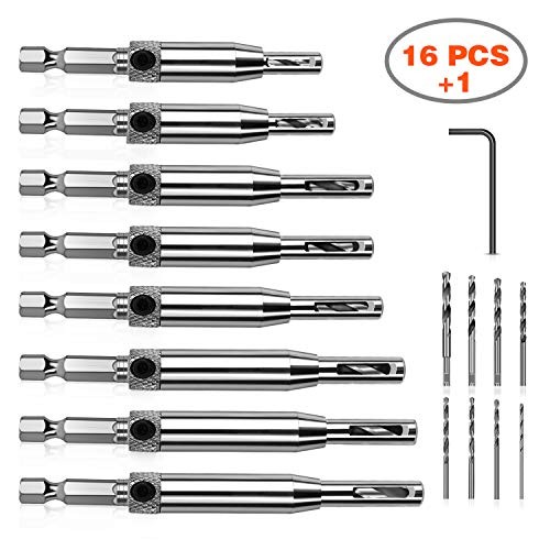 Werkzeug Self Centering Hinge Tapper Core Drill Bit Set for Woodworking, Adjustable Door Window Drill Bits with 1 Hex Key & 8 Replacement Drill Bits (5/64 - 1/4 Inches), 16 Pieces