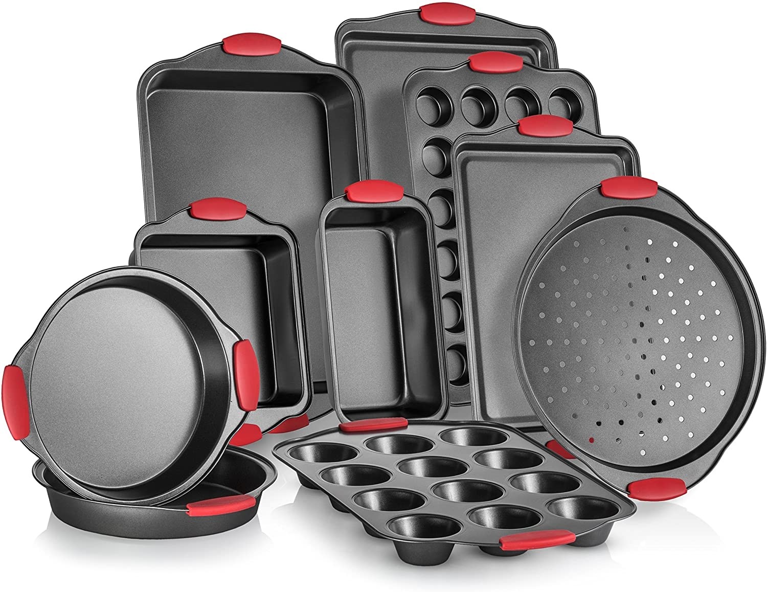 Perlli 10-Piece Nonstick Carbon Steel Bakeware Set With Red Silicone Handles | |Metal, Reusable, Quality Kitchenware For Cooking & Baking Cake Loaf, Muffins &More | Non Stick Kitchen Supplies