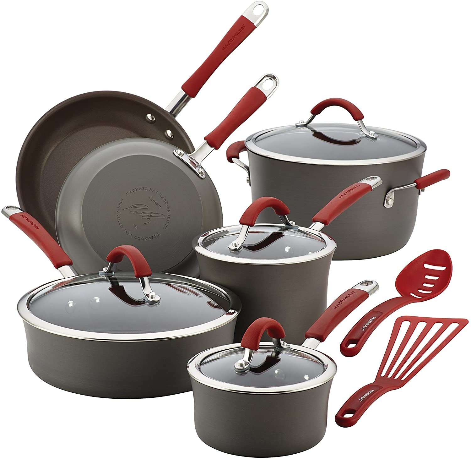 Rachael Ray 87630 Cucina Hard Anodized Nonstick Cookware Pots and Pans Set, 12 Piece, Gray with Red Handles