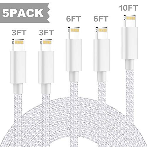 TNSO MFi Certified iPhone Charger Lightning Cable 5 Pack [3/3/6/6/10FT] Extra Long Nylon Braided USB Charging & Syncing Cord Compatible