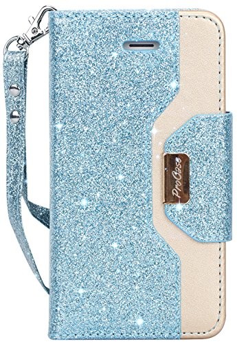 iPhone SE / 5S Case Cover, ProCase Wallet Flip Case, with Wristlet Strap, Build-in Card Slots and Mirror, Stylish Slim Stand Cover for Apple iPhone SE / 5S -Glitterblue