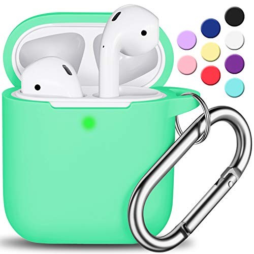 AirPods Case Cover with Keychain, R-fun Full Protective Silicone AirPods Accessories Skin Cover for Women Girl with Apple AirPods Wireless Charging Case,Front LED Visible-Spearmint