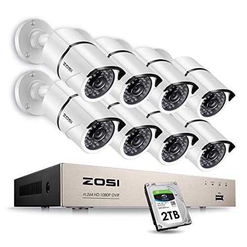 ZOSI Security Cameras System 8CH 1080P HD-TVI CCTV DVR Recorder 2TB HDD with 8 Weatherproof 1920TVL 2.0MP 1080P 100ft Night Vision Surveillance Cameras White (Aluminum Metal Housing)