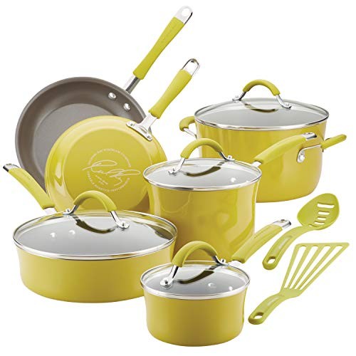 Rachael Ray Cucina Hard Porcelain Enamel Nonstick Cookware Set, 12-Piece, Lemongrass Green