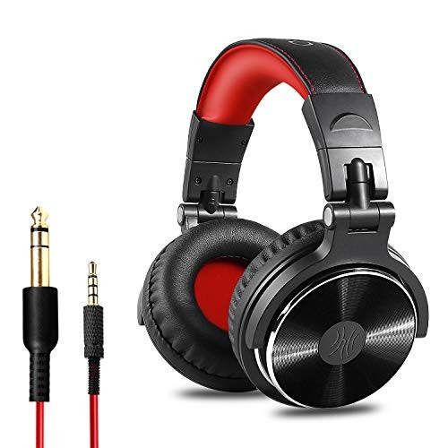 OneOdio Over Ear Headphone, Wired Bass Headsets with 50mm Driver, Foldable Lightweight Headphones with Shareport and Mic for Recording Monitoring Podcast Guitar PC TV - (Red)