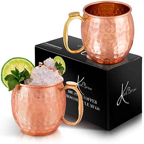 KoolBrew Moscow Mule Copper Mugs Gift Set of 2 Copper Mules,100% Pure Solid Copper Cups with Brass Handles, Hammered Finish