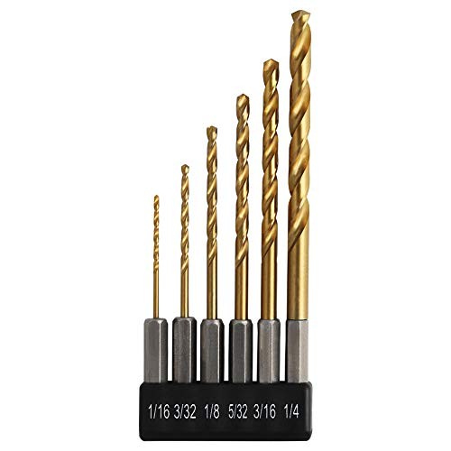 COMOWARE Impact Drill Bit Set- Hex Shank 6 Pcs Titanium HSS 4341, 1/16"-1/4"