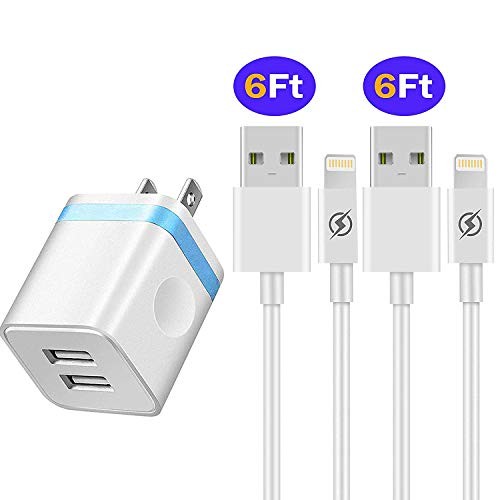 NNICE Phone Charger 6Ft Cable with Plug, UL Certified Dual USB Wall Charger Adapter and 6 Foot Long Fast Charging Cord Compatible with Phone XS/XS Max/XR/X/ 8/7/ 6/ 6S Plus, 5S/ SE, Pad, Pod(3 Pack)