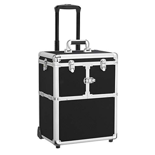 Yaheetech Pro Aluminum Rolling Makeup Case Salon Cosmetic Box Organizer Trolley Beauty Train Case,Black