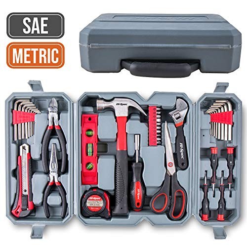 Hi-Spec 50 Piece Home Tool Set of Hand Tools - Claw Hammer, Adjustable Wrench, Precision Screwdrivers, Screw Bits, Long Nose Pliers, Side Cutters, Torpedo Level, Bit Driver & Tool Box Kit