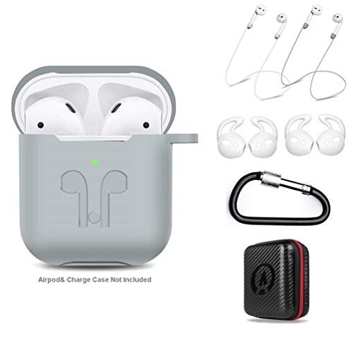 AirPods Case 7 in 1 for Airpods 1&2 Accessories Kits Protective Silicone Cover for Airpod Gen1 2 (Front Led Visible) Included 2 Ear Hook /2 Staps/1 Clips Tips Grips/1 Zipper Box Grey (amasing)