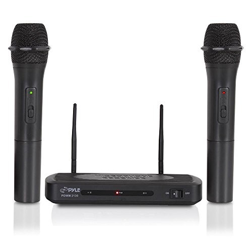 Dual Channel Wireless Microphone System - Dual Frequency Wireless Mic Receiver Set with 2 Handheld Dynamic Transmitter Mics, Receiver Base - PA, Karaoke, Dj Party - Pyle Pro PDWM2130