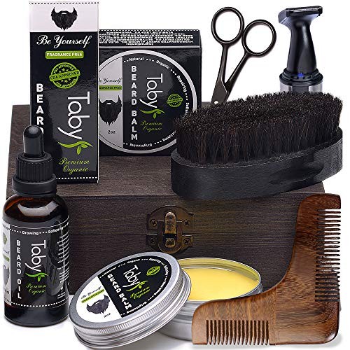 Beard Kit, Grooming & Trimming Set Gift for Men Includes - Beard Oil, Beard Balm, Horsehair Brush, Wooden Comb, Facial, Nose & Ear Trimmer, Beard & Mustache Scissors