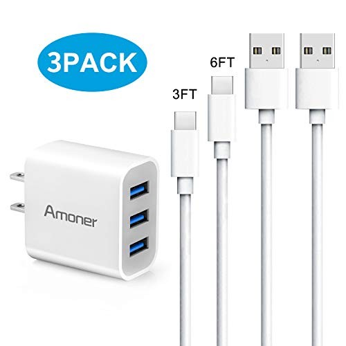 Amoner Wall Charger, USB Type C Cable 3ft/6ft 15W 3-Port Compact Wall Charger with USB C Cord for Samsung Galaxy S10/S9/S9+/S8/S8+, Note 9/8, Google Pixel 3 2 XL, LG V30/V20, Nintendo Switch, More