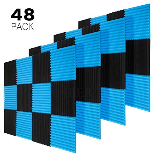 JBER 48 Pack Blue/Charcoal Acoustic Panels Studio Foam Wedges Fireproof Soundproof Padding Wall Panels 1" X 12" X 12"