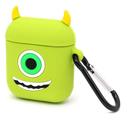 Megantree Cute Airpods Case, Airpods 2 Case, 3D Cartoon Funny Animals Green One Eye Monster Mike Case, Shockproof Full Protection Soft Silicone Charging Case Cover Skin with Keychain for Airpods 1&2