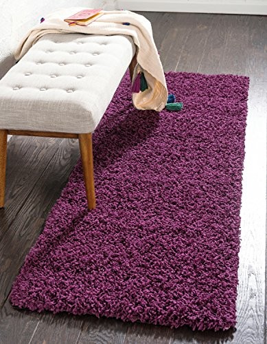 Unique Loom Solo Solid Shag Collection Modern Plush Eggplant Purple Runner Rug (2' 6 x 16' 5)