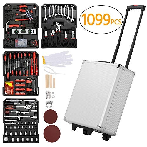 Yaheetech Sturdy 1099pcs Tool Box with Tools and Wheels Aluminium tool Chest Box Household Tool Kit Set Case Mechanics Kit Box Organizer