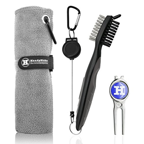 Handy Picks Microfiber Golf Towel (16" X 16") with Carabiner, Club Brush, Golf Divot Repair Tool with Ball Marker - Golf Accessories, Ideal for Golfers - 3 in 1 Golf Cleaning Kit (Pack of 3, Grey)