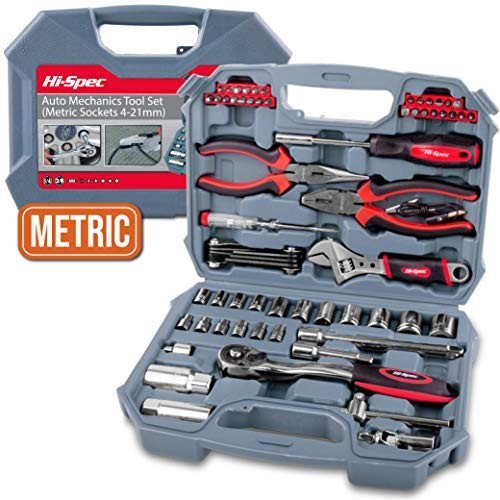 Hi-Spec 67 Piece METRIC Auto Mechanics Tool Set - 3/8" Quick Release Offset Ratchet with 72 Teeth, 4-19mm METRIC Sockets Set, T-Bar, Extension Bar, Hand Tools & Screw Bits in Storage Case