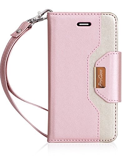 iPhone SE / 5S Case Cover, ProCase Wallet Flip Case, with Wristlet Strap, Build-in Card Slots and Mirror, Stylish Slim Stand Cover for Apple iPhone SE / 5S (Pink)