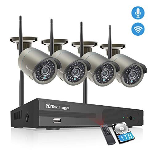 Techage Wireless Security Camera System, 4CH 1080P HD WiFi Wireless Video Surveillance System,4 Weatherproof IP Cameras Auto Pair WiFi H.265 NVR,Motion Alerts,Remote View(1TB Hard Drive)