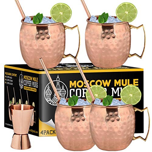 Moscow Mule Copper Mugs - Set of 4-100% Handcrafted - Food Safe Pure Solid Copper Mugs - 16 oz Gift Set with Bonus: Cocktail Copper Straws and Jigger (Copper)