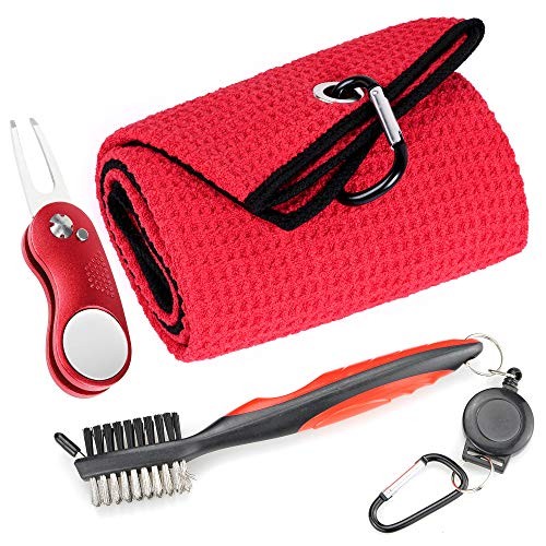 Mile High Life Microfiber Waffle Pattern Golf Towel | Club Groove Cleaner Brush | Foldable Divot Tool with Magnetic Ball Marker (Red Towel/Brush/Curve Divot)