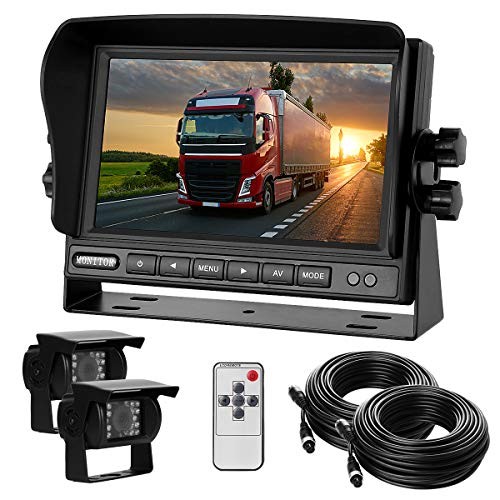 Dual Backup Camera with Monitor Kit System(12-24V) 7" HD Monitor Reversing +2 Rear View 170° Wide Angel Night Vision Waterproof,18 Infrared Lights Camera Fit for Trucks/RV/Van/Campers/Vehicles.