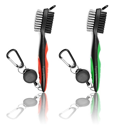 Yoport Two Pack Golf Club Brush and Club Groove Cleaner 2 Ft Retractable Zip-line Aluminum Carabiner, Lightweight and Stylish, Ergonomic Design, Easily Attaches to Golf Bag (red+Green)