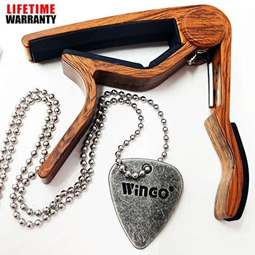 WINGO Quick Change Wooden Guitar Capo for Acoustic Guitar, Electric Guitar,Bass,Ukulele- Rosewood with Personalized Metal Pick Necklace.