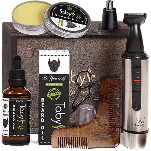 Beard Kit, Grooming & Trimming Kit Includes - Beard Oil, Beard Balm, Wooden Comb, Facial, Nose & Ear Trimmer, Beard & Mustache Barber Scissors, Gift for Men