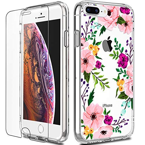 iPhone 8 Plus Case, LUHOURI Clear iPhone 7 Plus Case with Screen Protector, Girls Women Heavy Duty Protective Hard Case with Slim Soft TPU Bumper Silicone Cover Phone Case for iPhone 8 Plus / 7 Plus