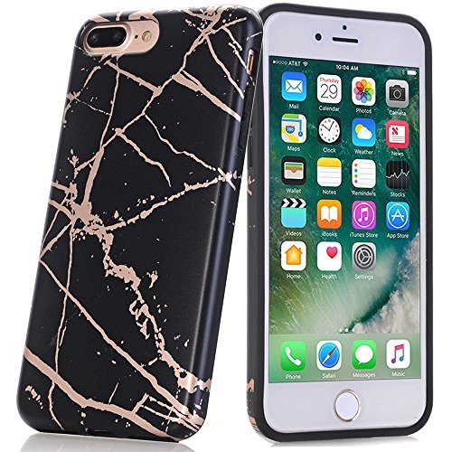 BAISRKE Shiny Rose Gold Black Marble Design Bumper Matte TPU Soft Rubber Silicone Cover Phone Case Compatible with iPhone 7 Plus/iPhone 8 Plus [5.5 inch]