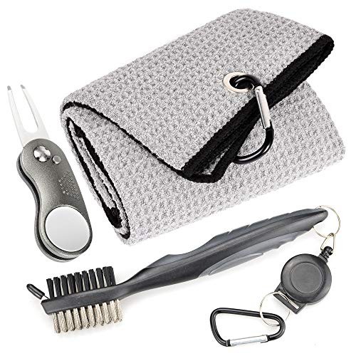 Mile High Life Microfiber Waffle Pattern Golf Towel | Club Groove Cleaner Brush | Foldable Divot Tool with Magnetic Ball Marker (Gray Towel/Brush/Curve Divot)