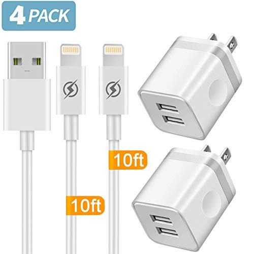 Phone Charger 10ft Cable with Wall Plug (4 in 1), YANME 2 Port USB Wall Charger Adapter Block with 10 Feet Long Charging Cord Compatible with Phone Xs/Xs Max/XR/X 8/7/6/6S Plus SE/5S/5C, Pad, Pod