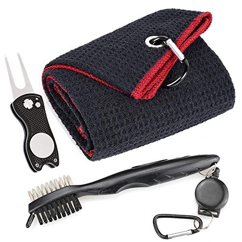 Mile High Life Microfiber Waffle Pattern Golf Towel | Club Groove Cleaner Brush | Foldable Divot Tool with Magnetic Ball Marker (Black w/red Towel/Brush/Fish Divot)