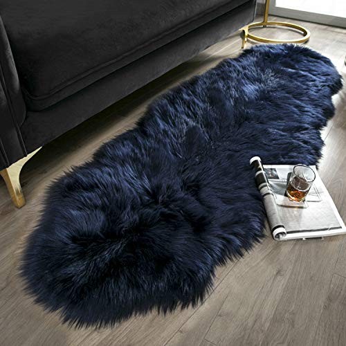 Ashler Soft Faux Sheepskin Fur Chair Couch Cover Navy Blue Area Rug for Bedroom Floor Sofa Living Room 2 x 6 Feet