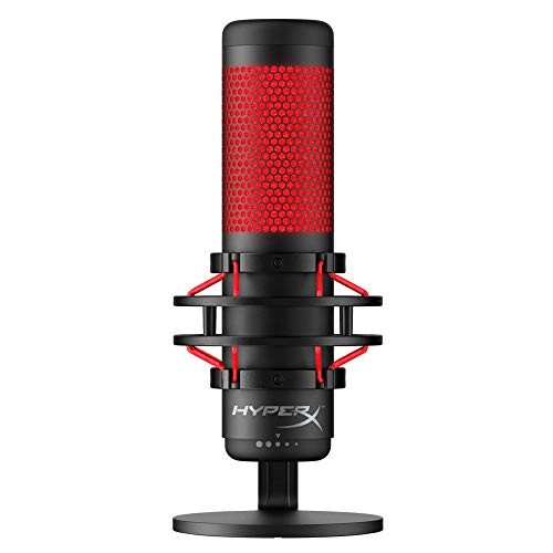 HyperX QuadCast - USB Condenser Gaming Microphone, for PC, PS4 and Mac, Anti-Vibration Shock Mount, Four Polar Patterns, Pop Filter, Gain Control, Podcasts, Twitch, YouTube, Discord, Red LED - Black